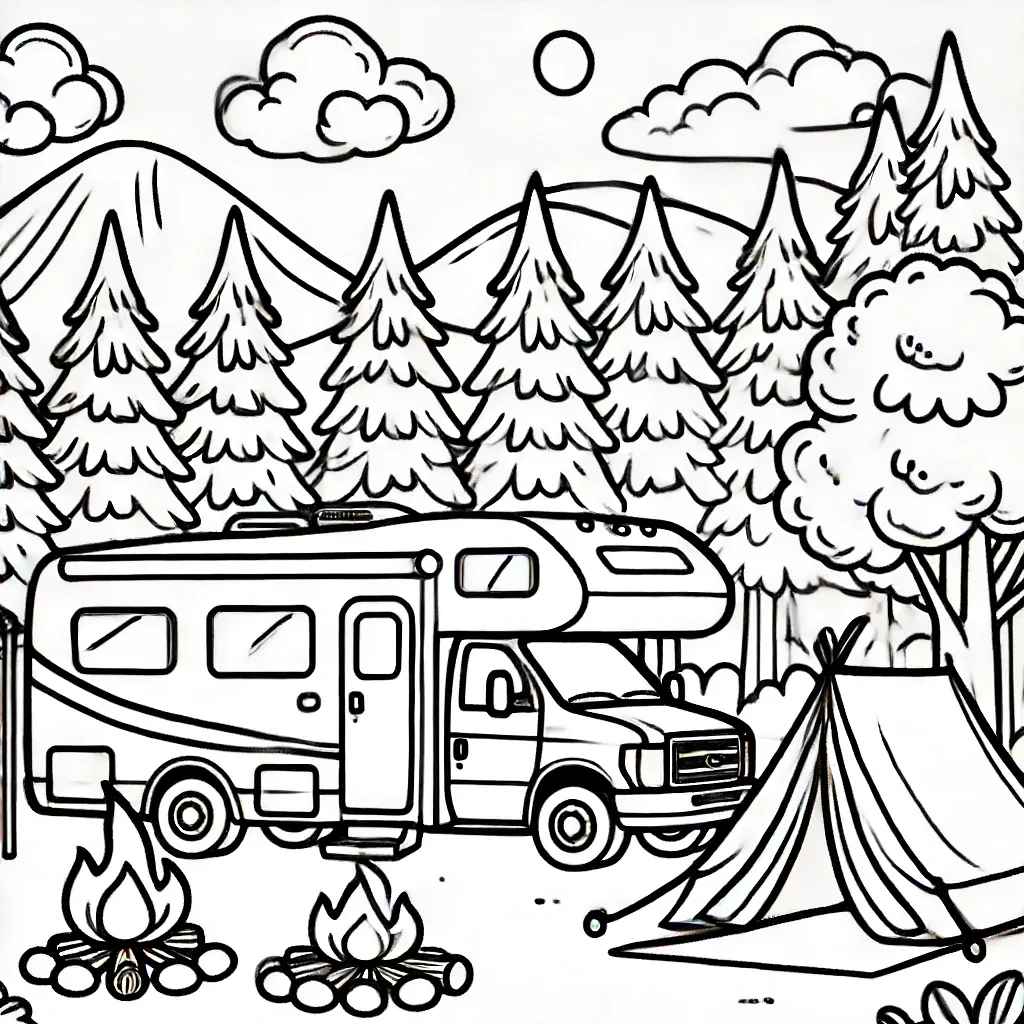 Wohnmobil im Kiefernwald mit Zelt und Lagerfeuer