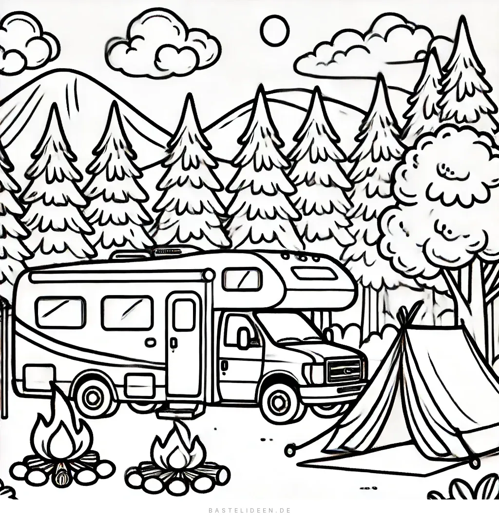 Wohnmobil im Kiefernwald mit Zelt und Lagerfeuer