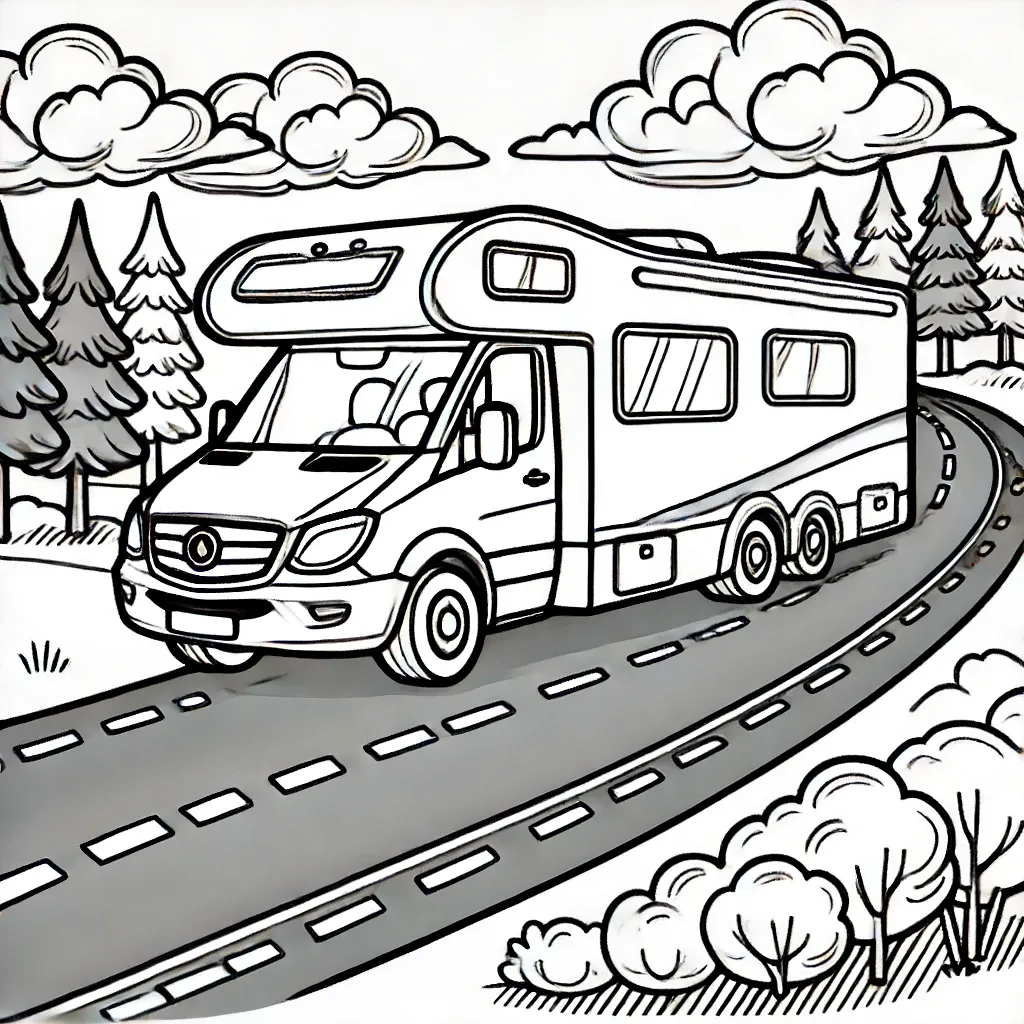 Wohnmobil auf kurviger Straße mit Bäumen und Wolken