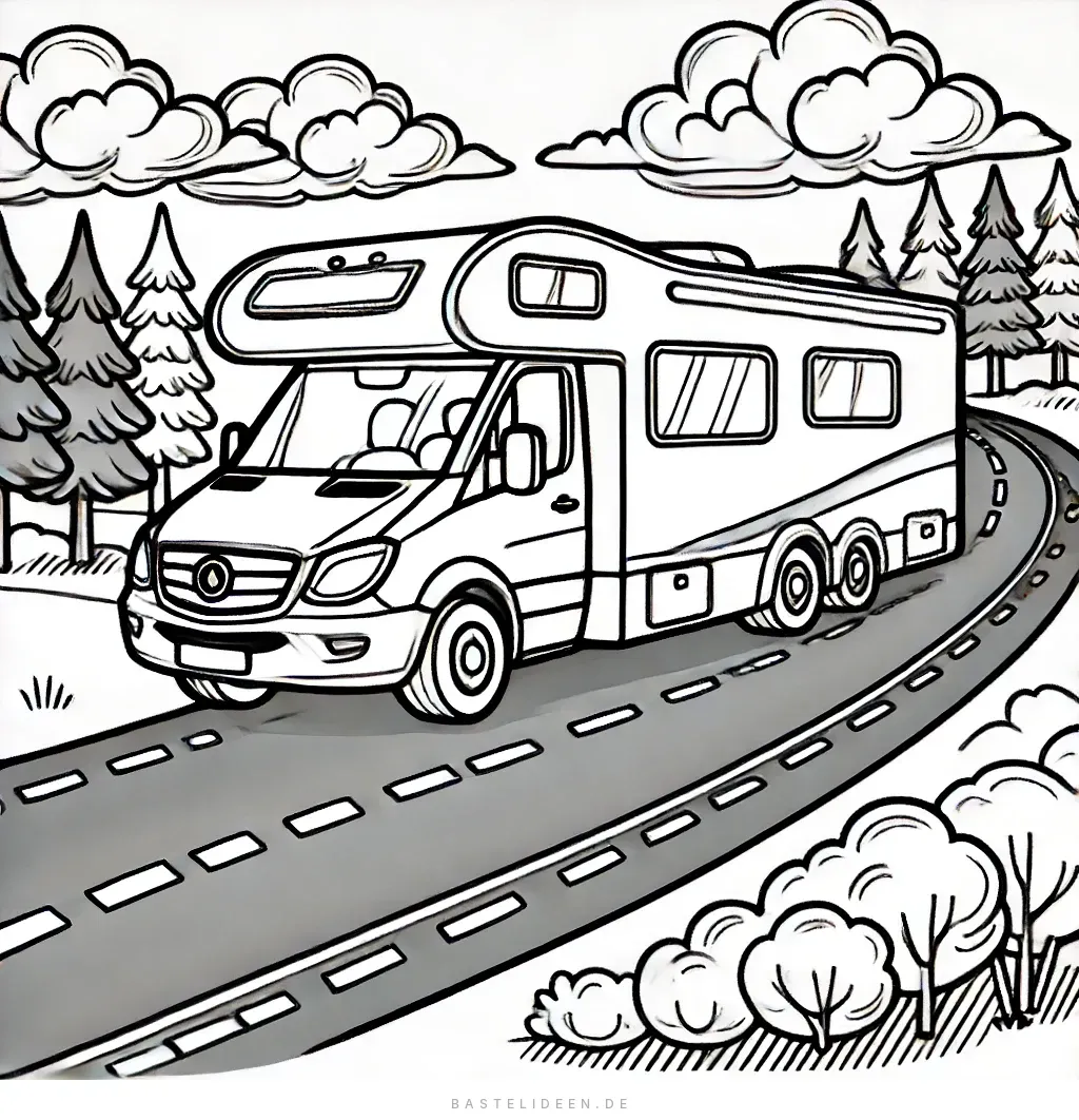 Wohnmobil auf kurviger Straße mit Bäumen und Wolken