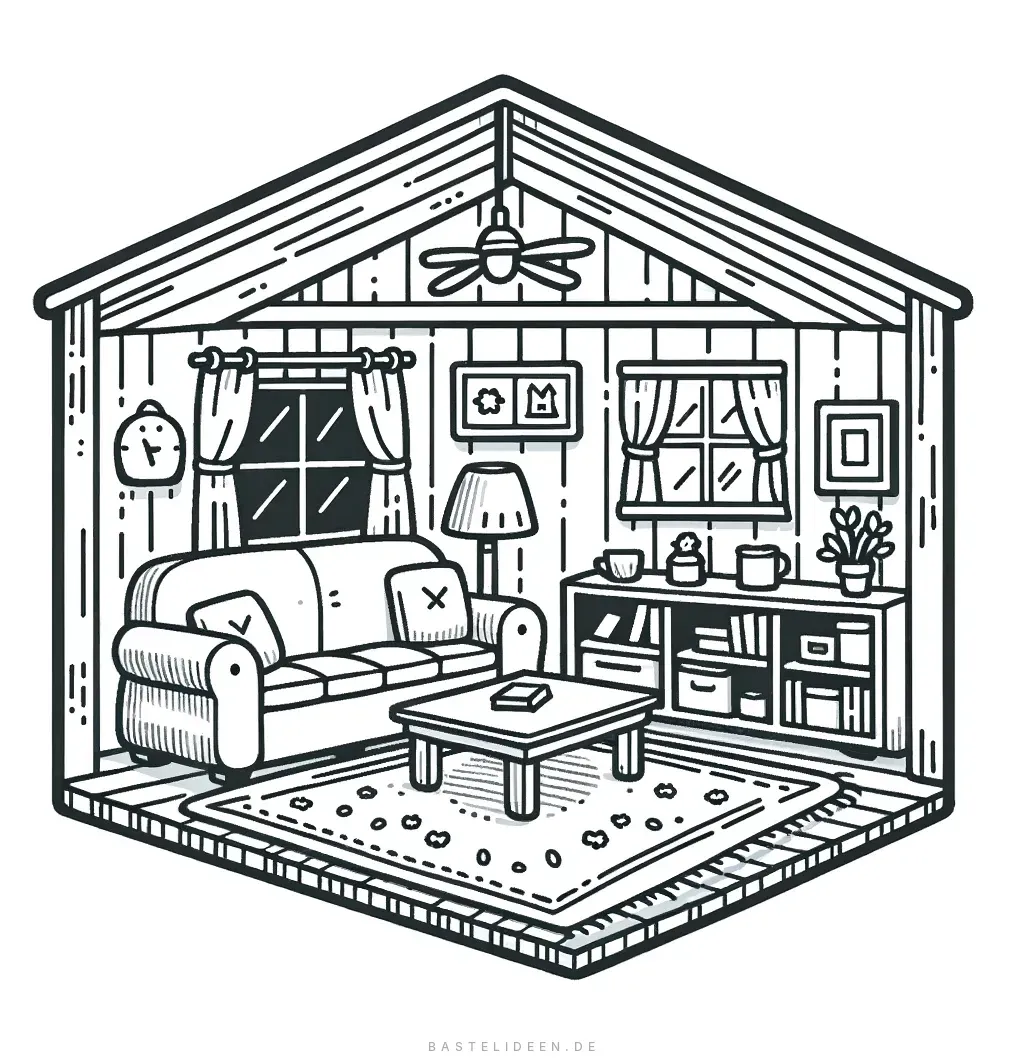 Gemütliches Wohnzimmer mit Sofa und Bücherregal