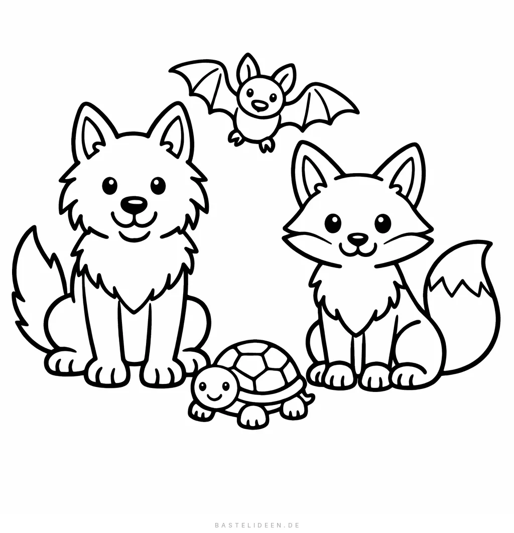 Niedlicher Wolf, Fuchs, Schildkröte und kleine Fledermaus im Cartoon-Stil