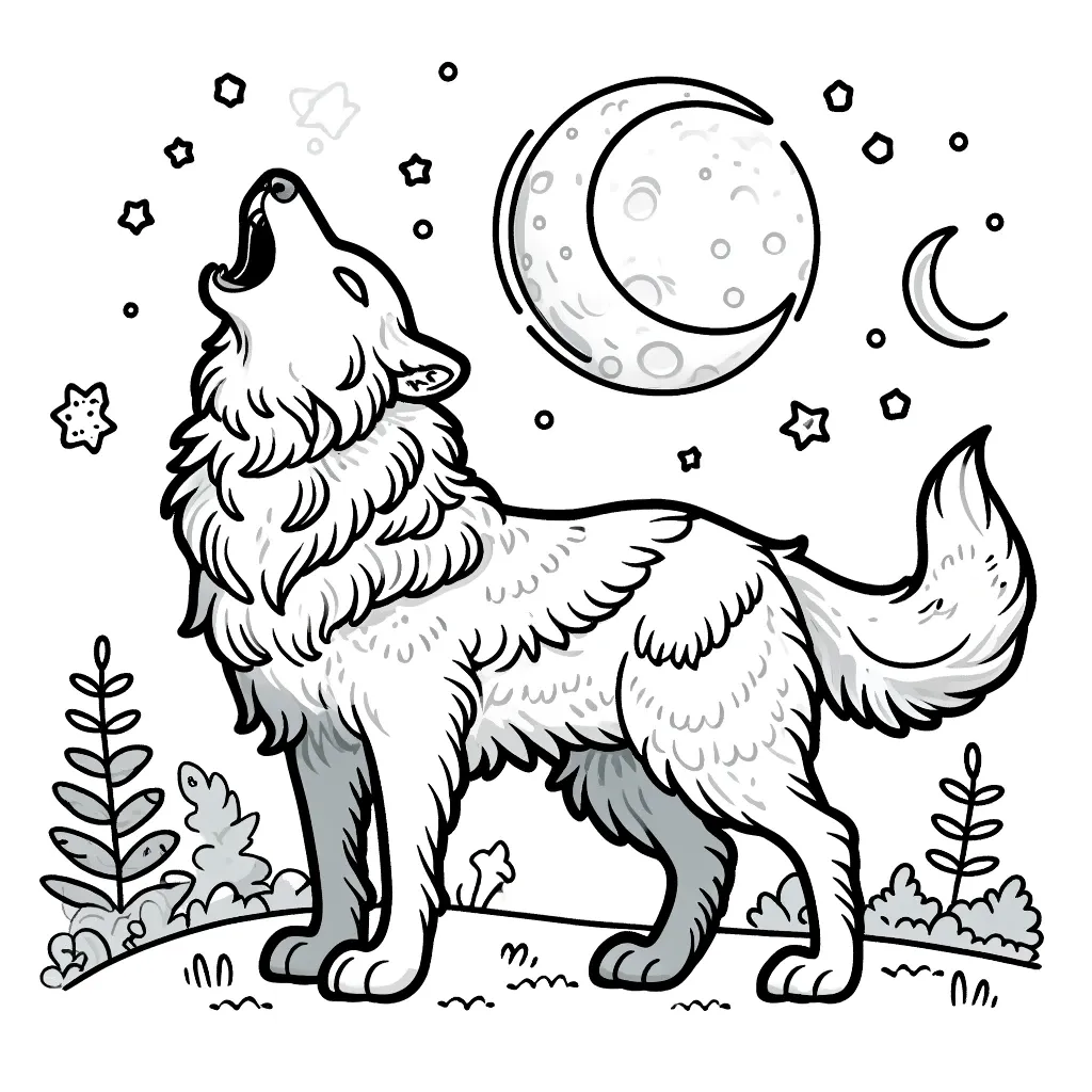 Heulender Wolf unter Sternenhimmel mit Vollmond