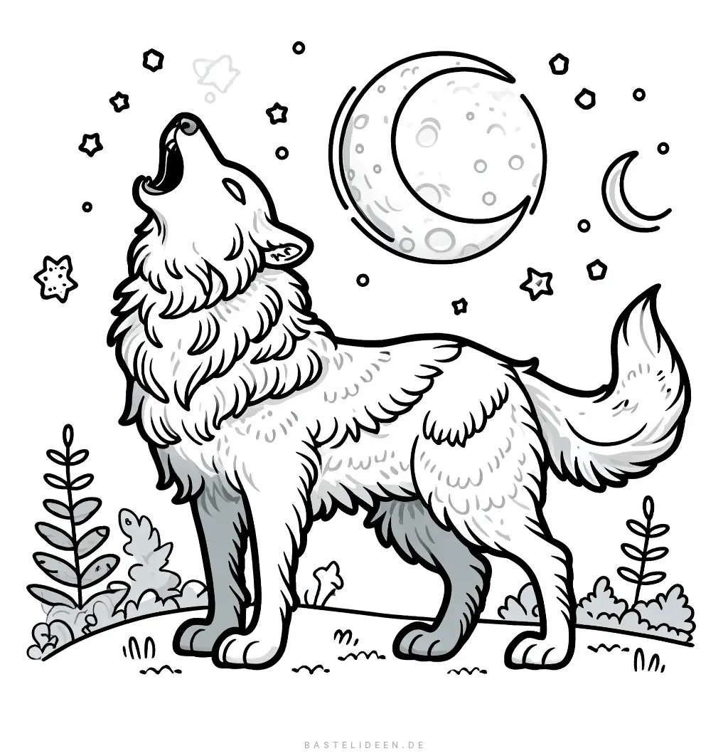 Heulender Wolf unter Sternenhimmel mit Vollmond