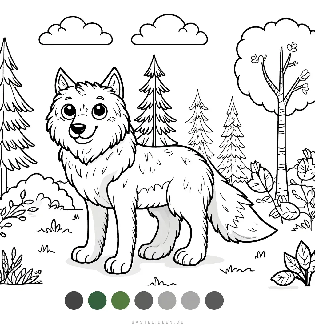 Freundlicher Wolf mit flauschigem Fell im Wald mit Tannen