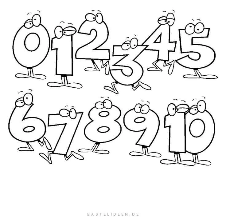 Zahlen 0 bis 10 mit Gesichtern und Beinen