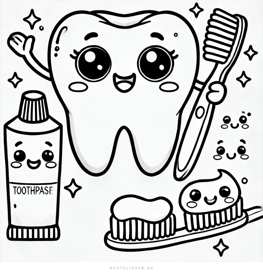 Ausmalbild: Fröhlicher Zahn und Zahnpflege