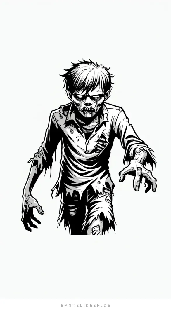 Zombie torkelnd mit ausgestreckten Armen und zerfetzter Kleidung