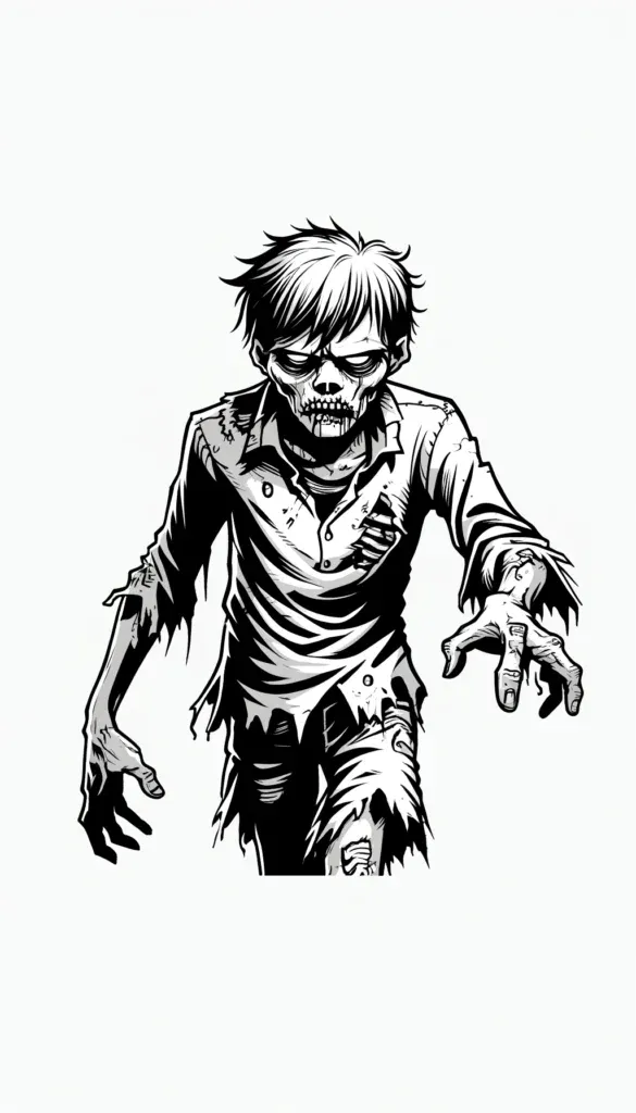 Zombie torkelnd mit ausgestreckten Armen und zerfetzter Kleidung