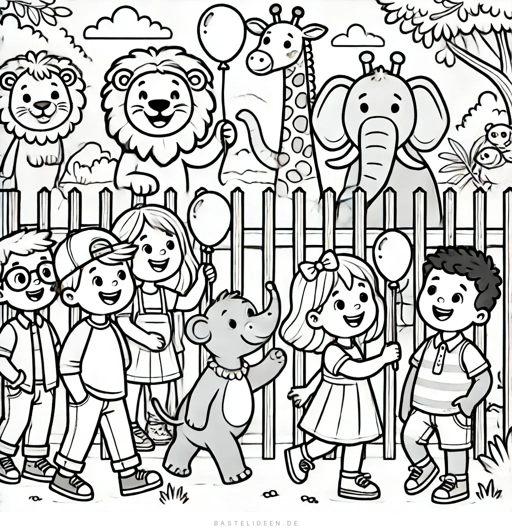 Fröhliche Kinder mit Luftballons vor Zoo-Eingang