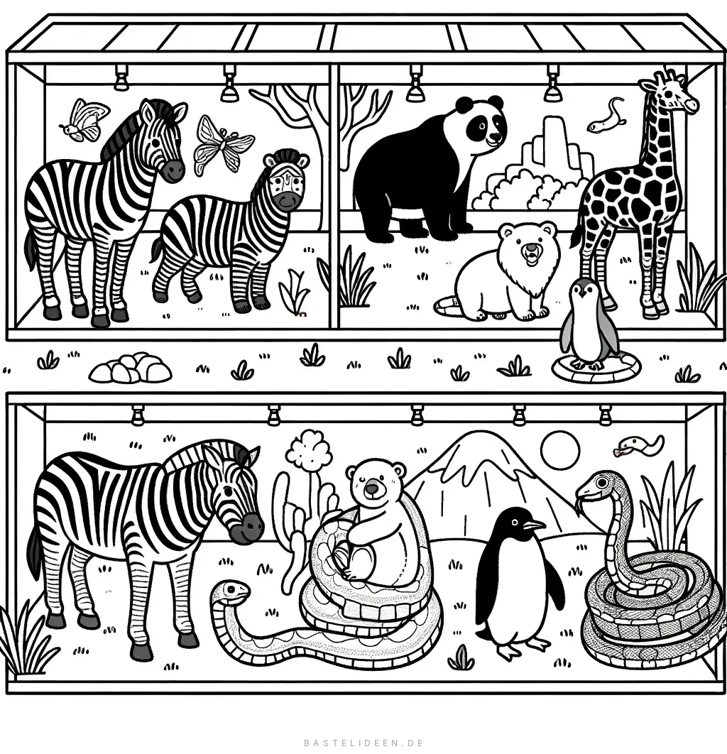 Zoogehege mit Zebras, Panda, Giraffe, Pinguinen und Schlangen