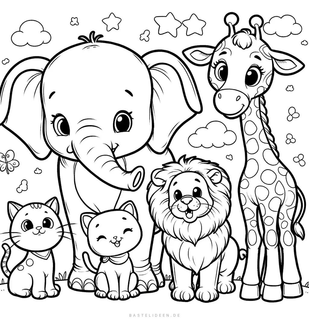 Elefant Giraffe Löwe und Kätzchen mit Wolken und Sternen