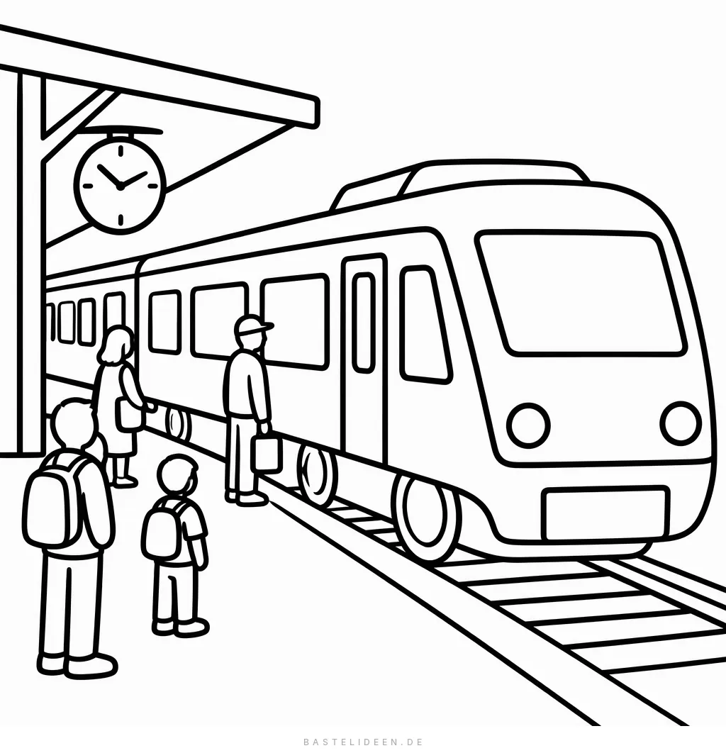 Personenzug am Bahnsteig mit wartenden Fahrgästen und Bahnhofsuhr