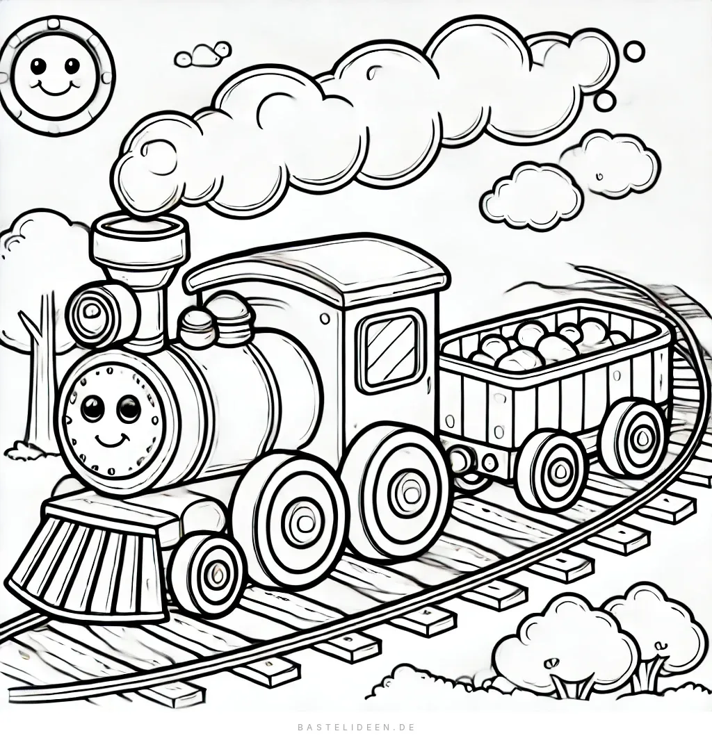 Lächelnde Dampflok mit Güterwagen auf Schienen