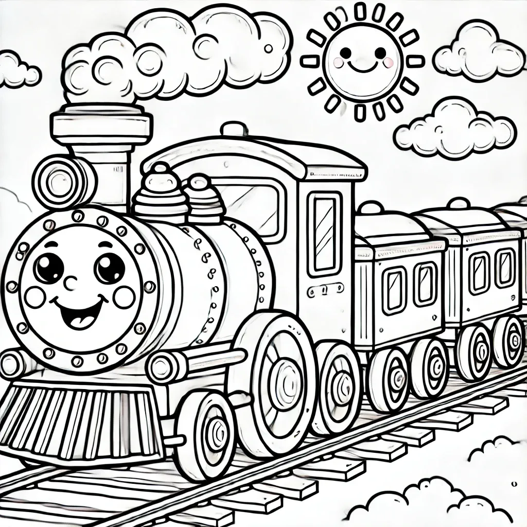 Niedliche Dampflok mit lächelnder Sonne und Wolken