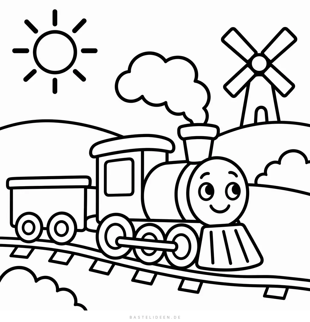 Fröhliche Dampflok mit Waggon fährt an Windmühle und Hügeln vorbei
