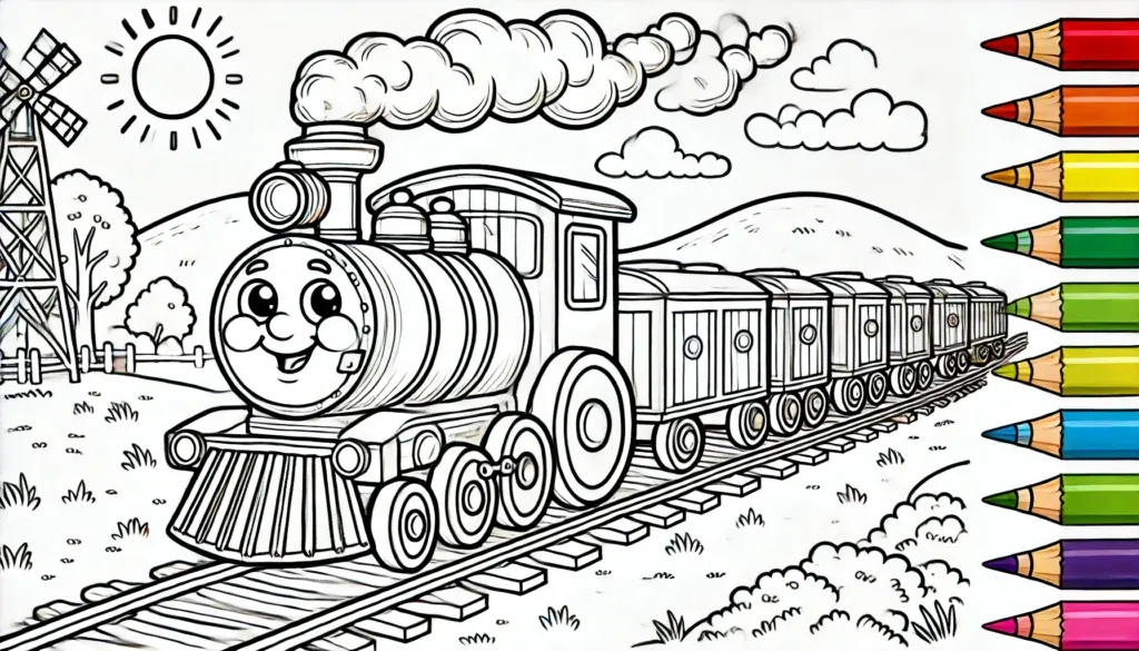 Fröhlicher Zug mit Windmühle, Hügeln und Sonne