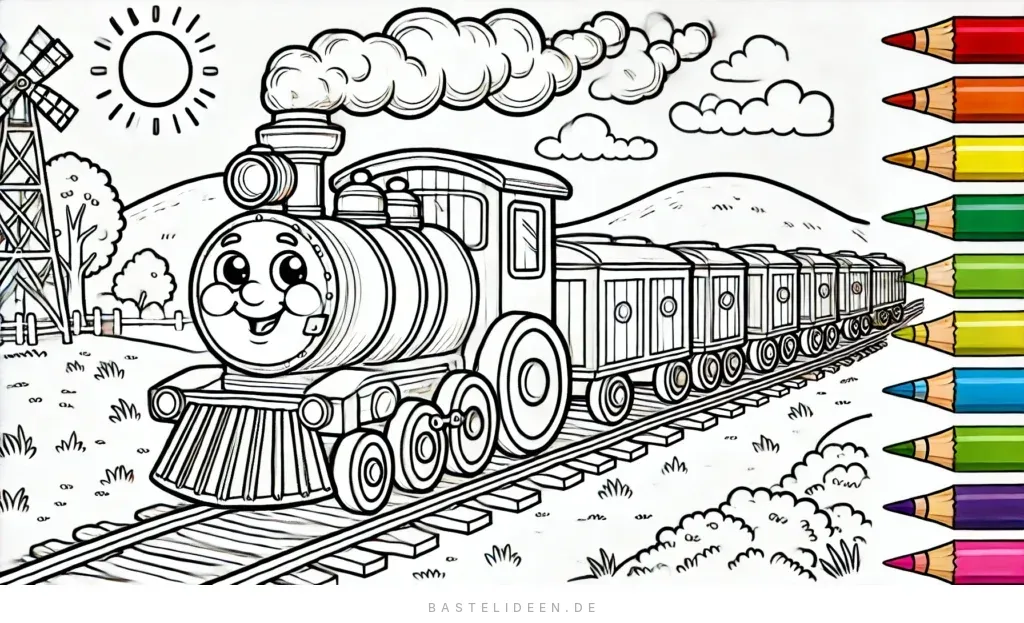 Fröhlicher Zug mit Windmühle, Hügeln und Sonne